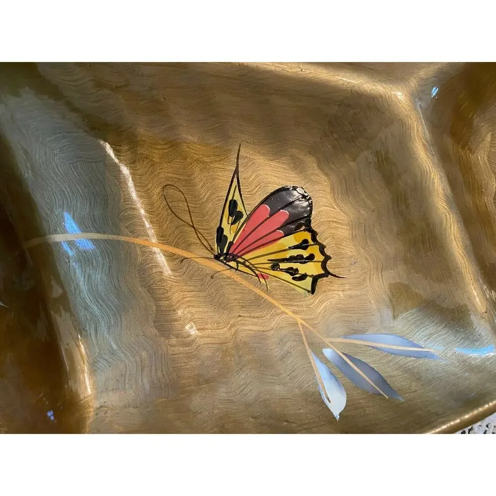 Catalina Lacquerware Japan Leaf Shaped Serving Tray Butterfly Hand Painted MCM